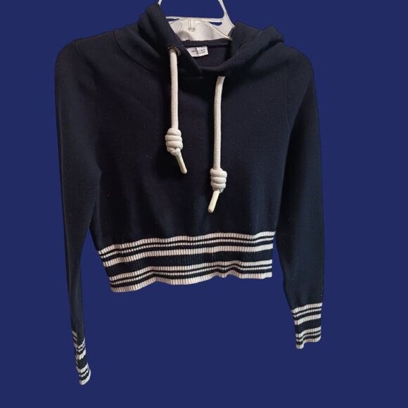 Zara Womens Striped Hem Cropped Hoodie Black & White Size Small - Picture 6 of 7